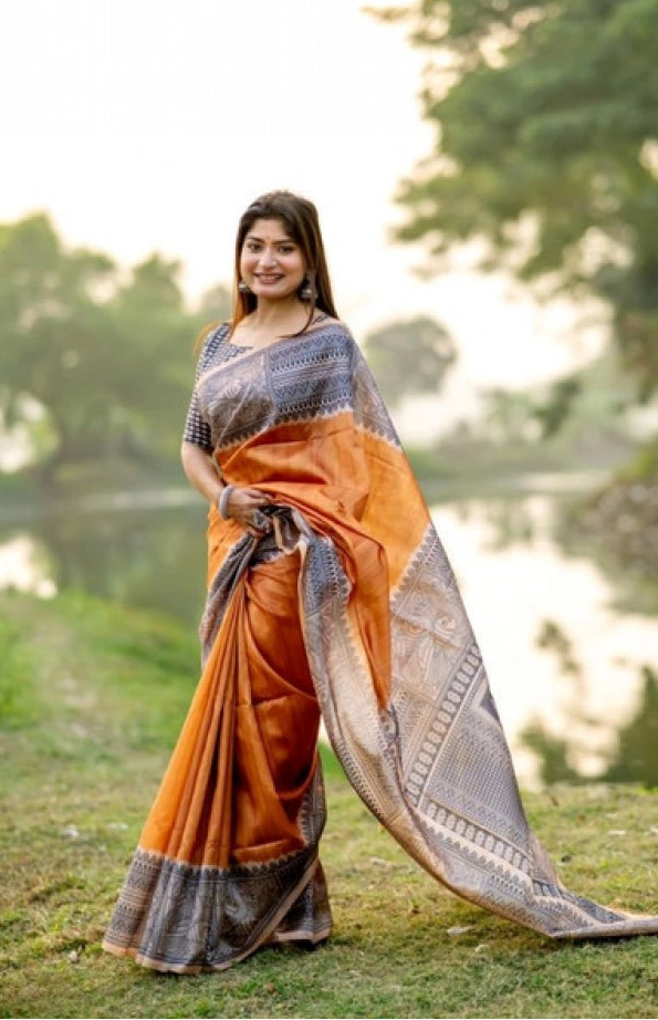 Women's faux_tussar geometric_print saree with unstitched blouse 5