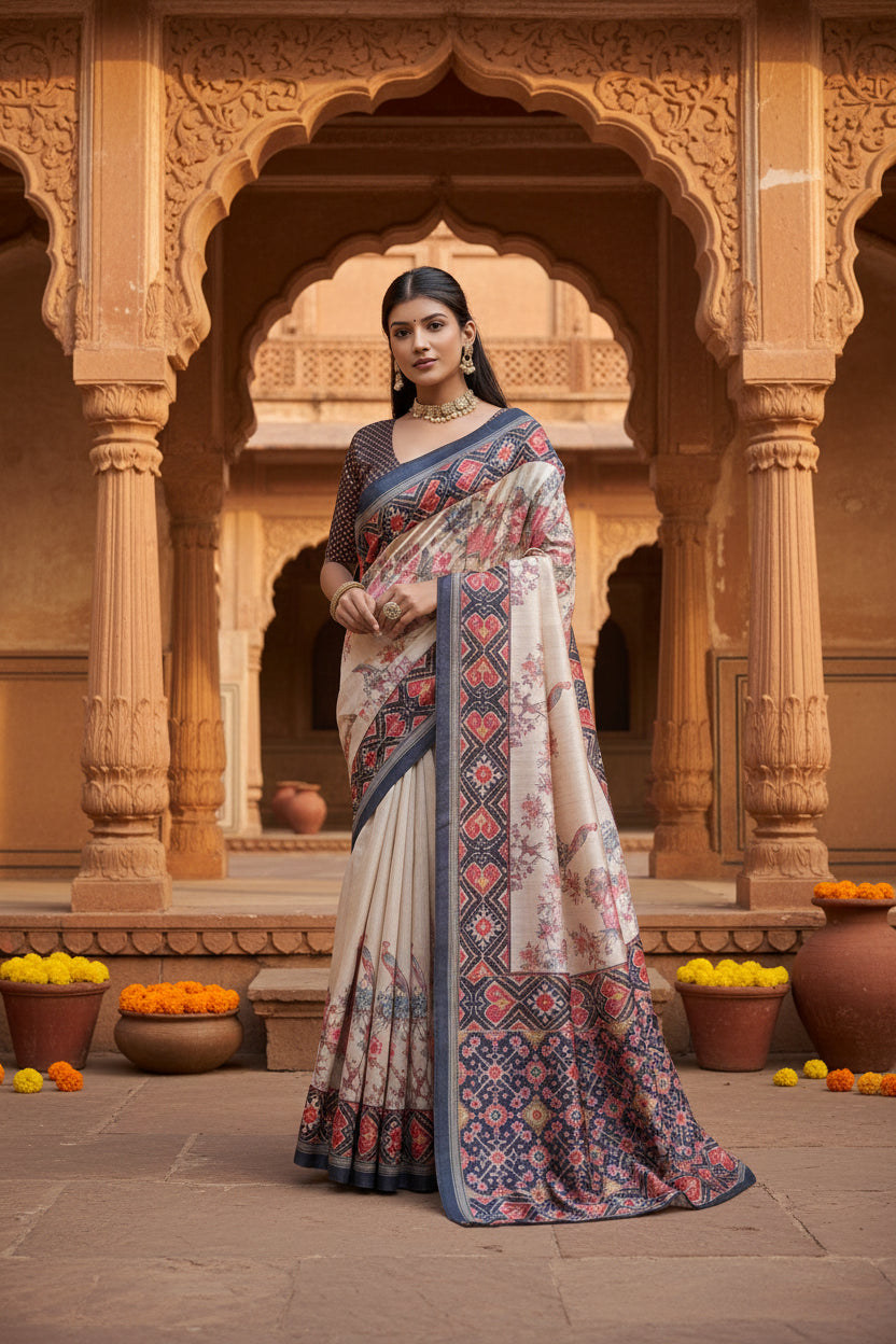 Women's Faux_Tussar Floral Jal With Patola Print Saree With Unstitched Blouse 5.5Mtr (Black)