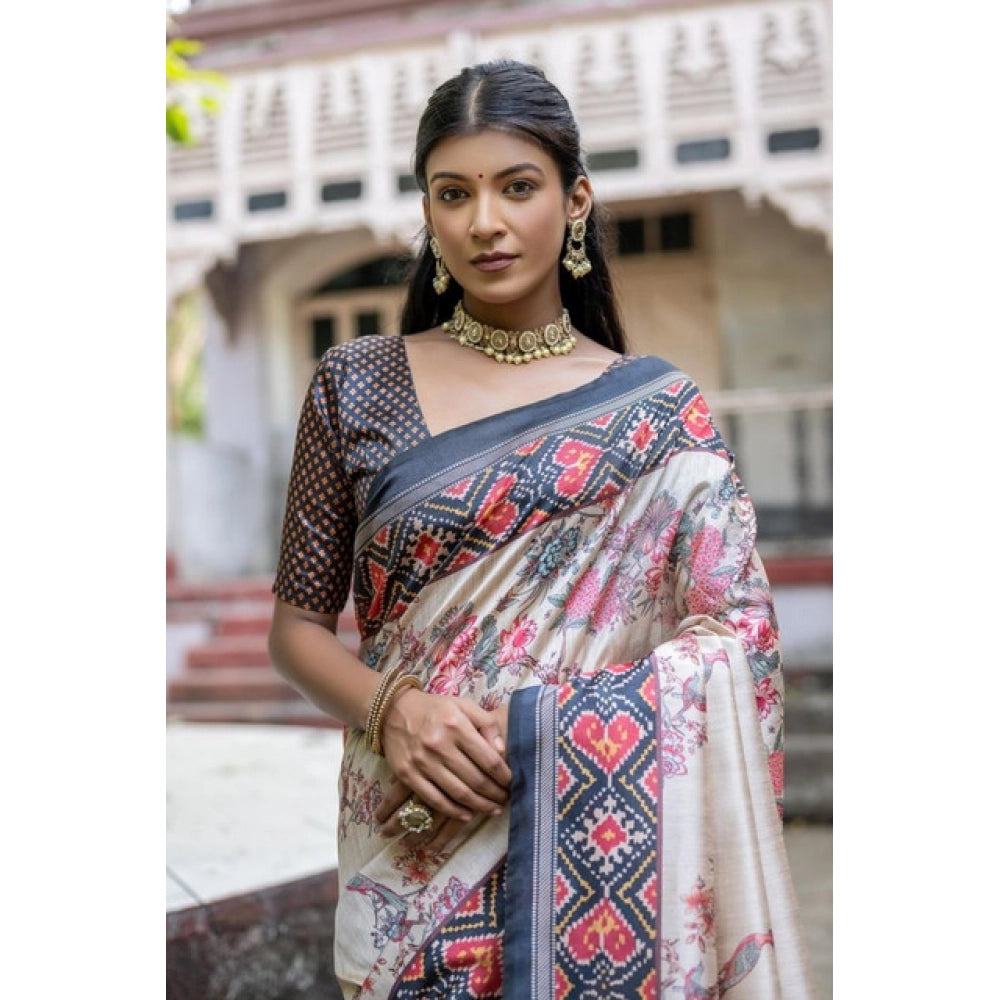 Women's faux_tussar floral jal with patola print saree with unstitched blouse 5