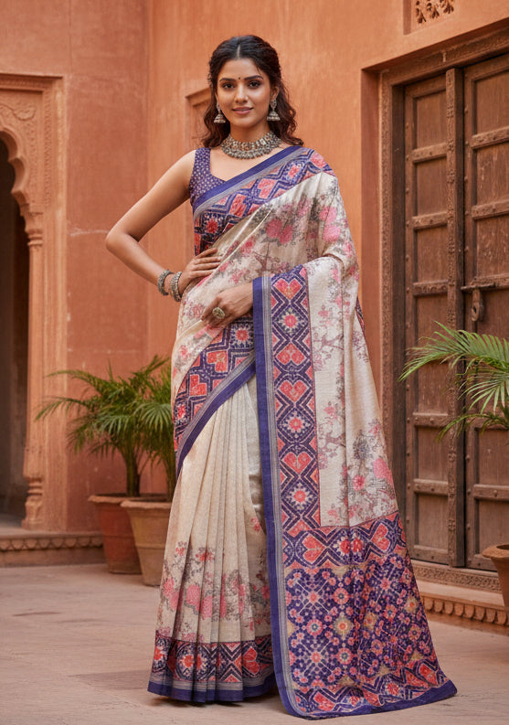 Women's Faux_Tussar Floral Jal With Patola Print Saree With Unstitched Blouse 5.5Mtr (Blue)