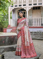 Load image into Gallery viewer, Women's Faux_Tussar Floral Jal With Patola Print Saree With Unstitched Blouse 5.5Mtr (Maroon)
