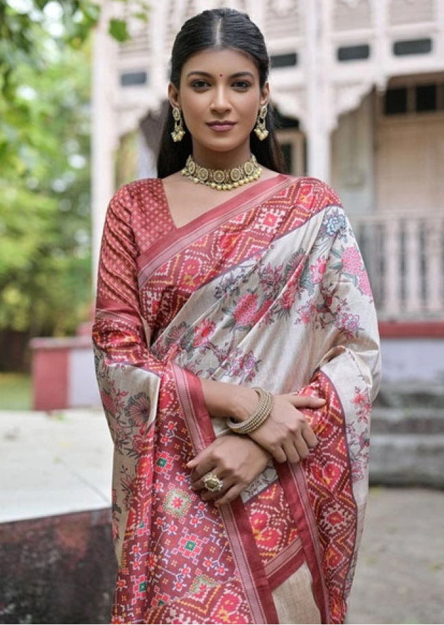 Women's Faux_Tussar Floral Jal With Patola Print Saree With Unstitched Blouse 5.5Mtr (Maroon)