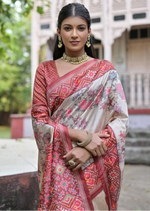 Load image into Gallery viewer, Women's Faux_Tussar Floral Jal With Patola Print Saree With Unstitched Blouse 5.5Mtr (Maroon)
