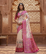 Load image into Gallery viewer, Women's Faux_Tussar Floral Jal With Patola Print Saree With Unstitched Blouse 5.5Mtr (Pink)
