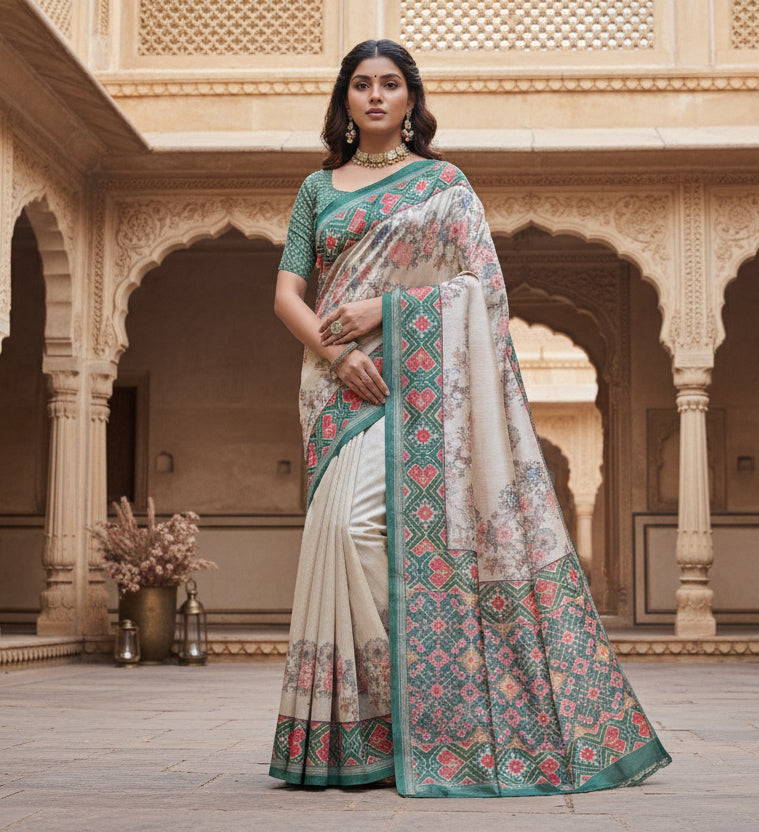 Women's faux_tussar floral jal with patola print saree with unstitched blouse 5