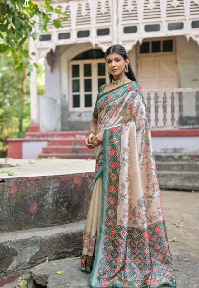 Women's Faux_Tussar Floral Jal With Patola Print Saree With Unstitched Blouse 5.5Mtr (Teal)