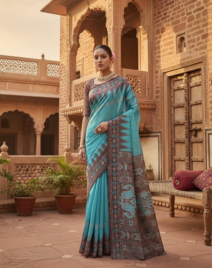 Women's faux_tussar ikat saree with unstitched blouse 5