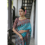 Load image into Gallery viewer, Women's Faux_Tussar Ikat Saree With Unstitched Blouse 5.5Mtr (Aqua_Blue)
