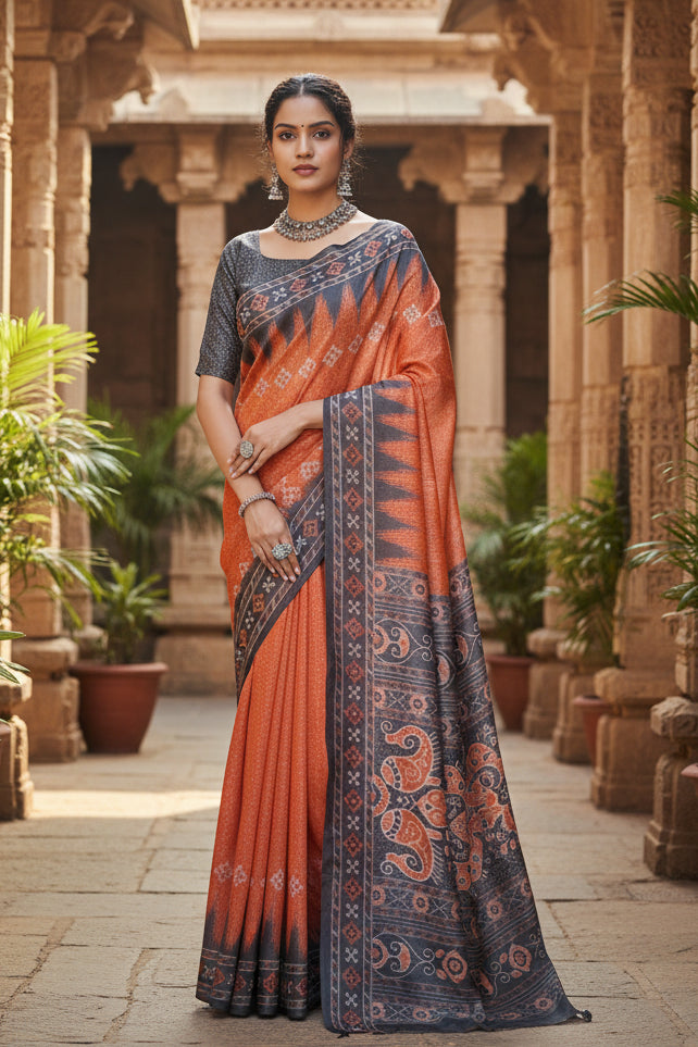 Women's faux_tussar ikat saree with unstitched blouse 5