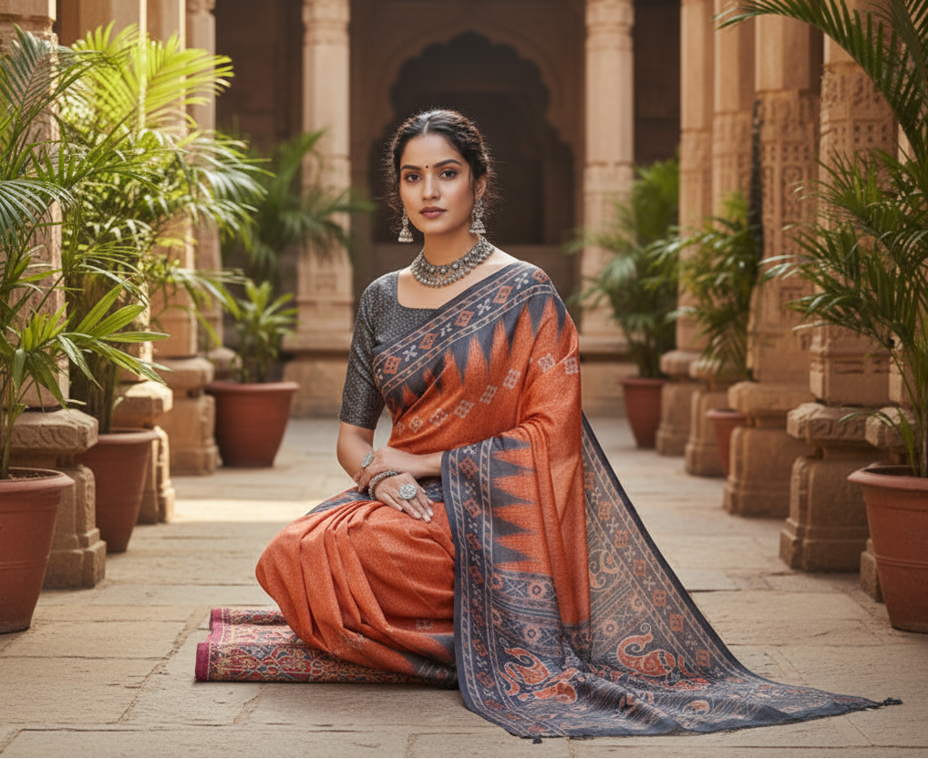 Women's Faux_Tussar Ikat Saree With Unstitched Blouse 5.5Mtr (Orange)