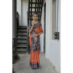 Load image into Gallery viewer, Women's Faux_Tussar Ikat Saree With Unstitched Blouse 5.5Mtr (Orange)
