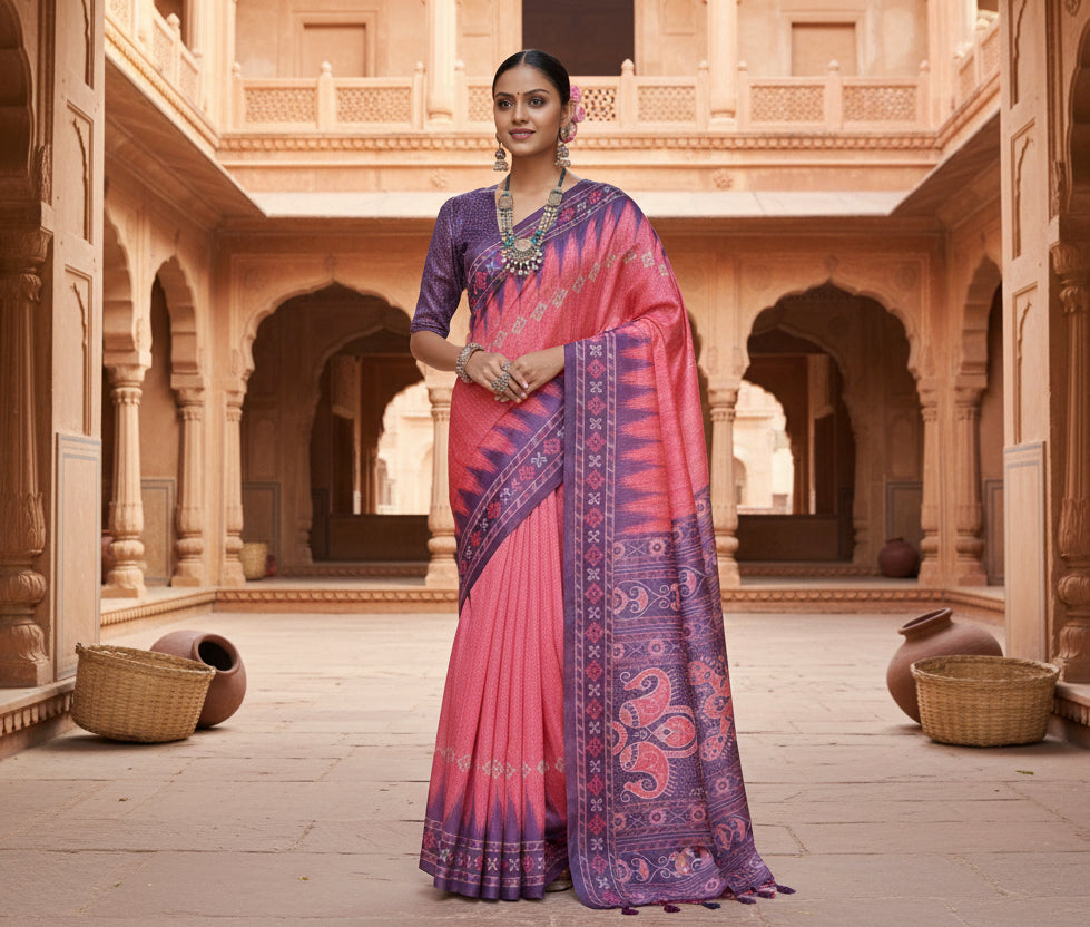Women's faux_tussar ikat saree with unstitched blouse 5