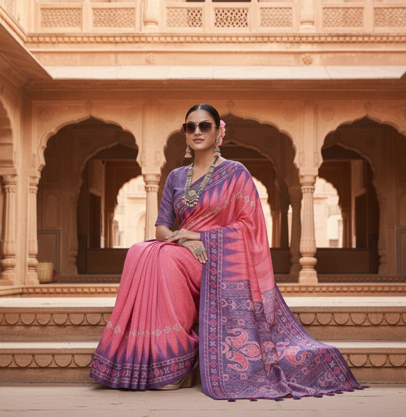 Women's Faux_Tussar Ikat Saree With Unstitched Blouse 5.5Mtr (Peach)