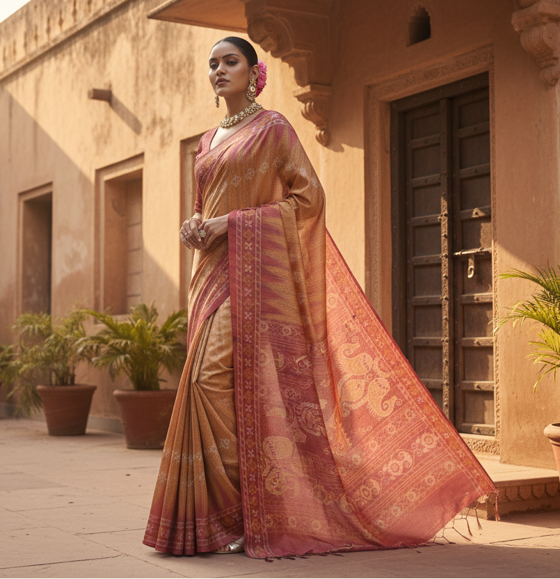 Women's Faux_Tussar Ikat Saree With Unstitched Blouse 5.5Mtr (Rust)