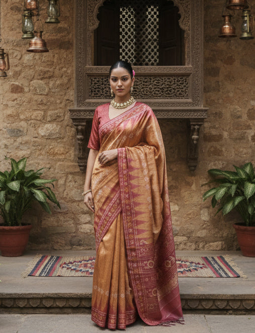 Women's Faux_Tussar Ikat Saree With Unstitched Blouse 5.5Mtr (Rust)