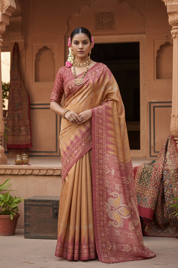 Women's Faux_Tussar Ikat Saree With Unstitched Blouse 5.5Mtr (Rust)