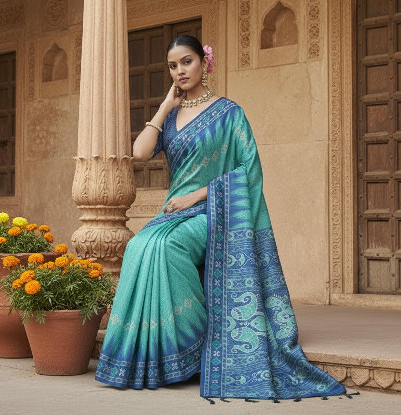 Women's faux_tussar ikat saree with unstitched blouse 5