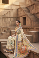 Load image into Gallery viewer, Women's Linen Floral Printed Saree With Unstitched Blouse 5.5Mtr (Beige)
