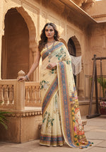 Load image into Gallery viewer, Women's Linen Floral Printed Saree With Unstitched Blouse 5.5Mtr (Beige)
