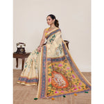 Load image into Gallery viewer, Women's Linen Floral Printed Saree With Unstitched Blouse 5.5Mtr (Beige)
