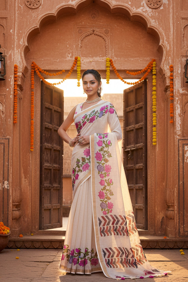 Women's Linen Floral Printed Saree With Unstitched Blouse 5.5Mtr (Cream)