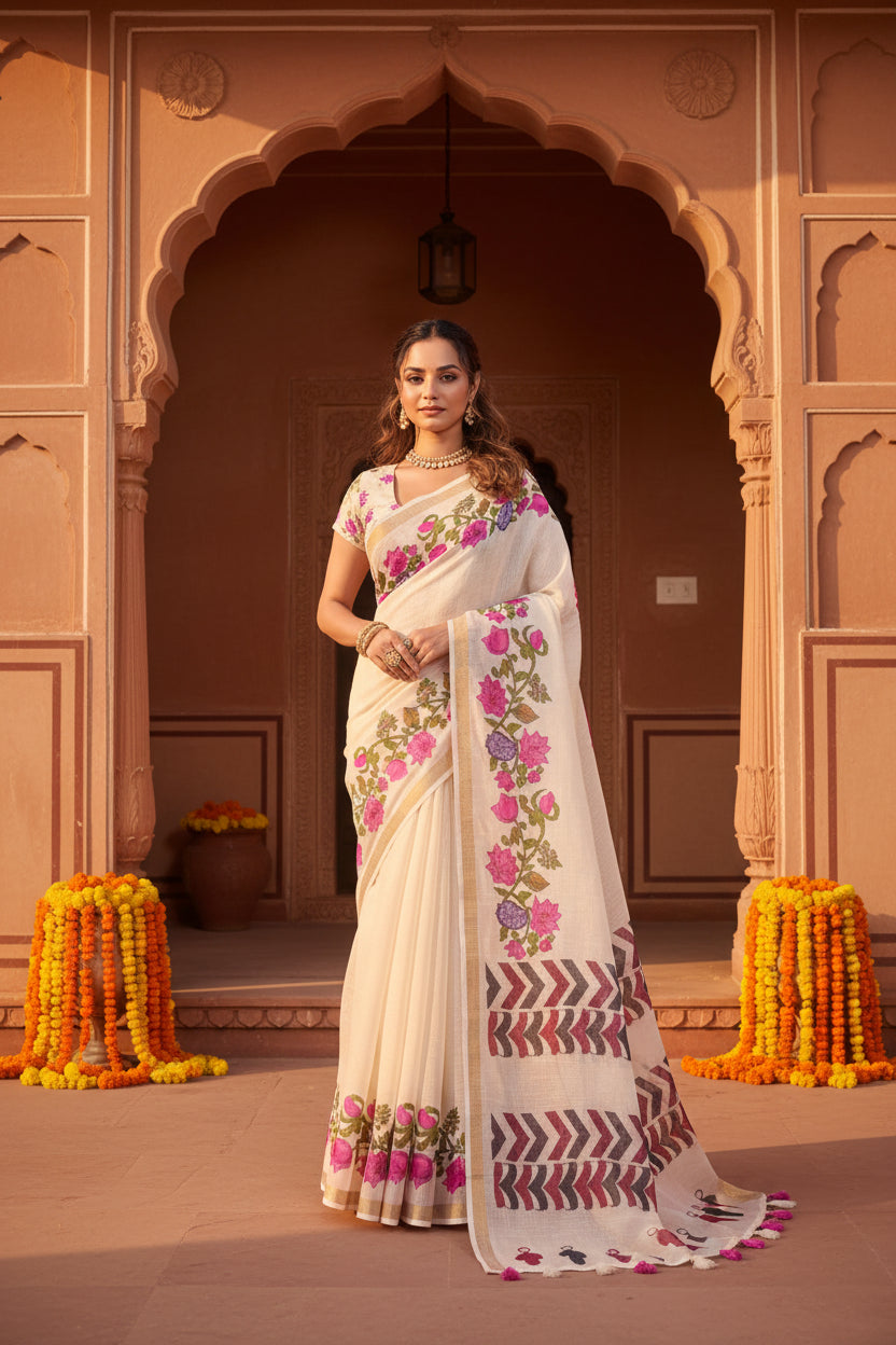 Women's Linen Floral Printed Saree With Unstitched Blouse 5.5Mtr (Cream)