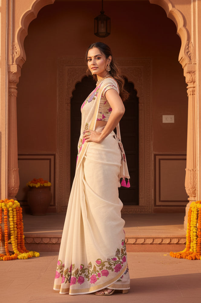 Women's Linen Floral Printed Saree With Unstitched Blouse 5.5Mtr (Cream)