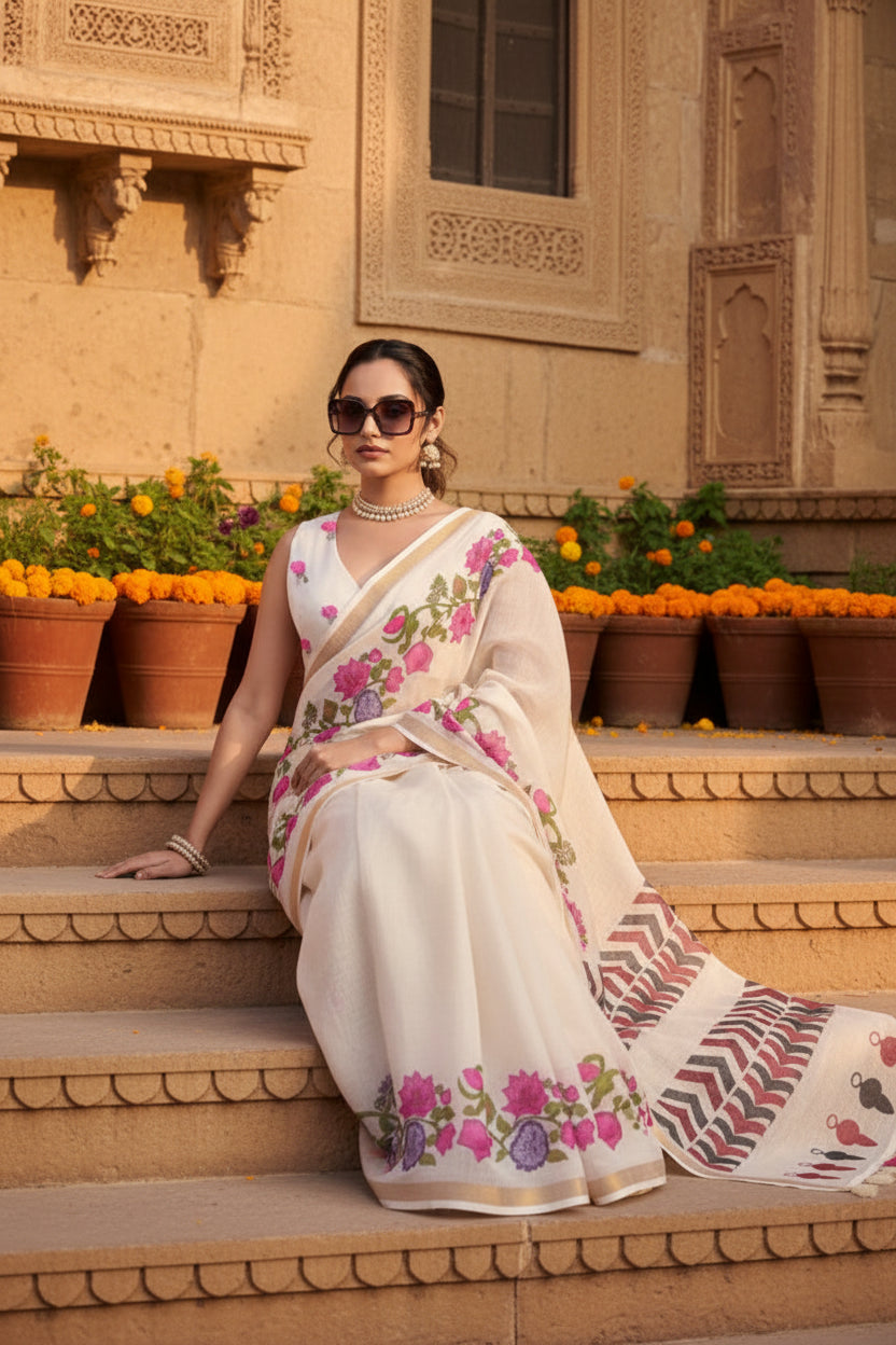 Women's Linen Floral Printed Saree With Unstitched Blouse 5.5Mtr (Cream)
