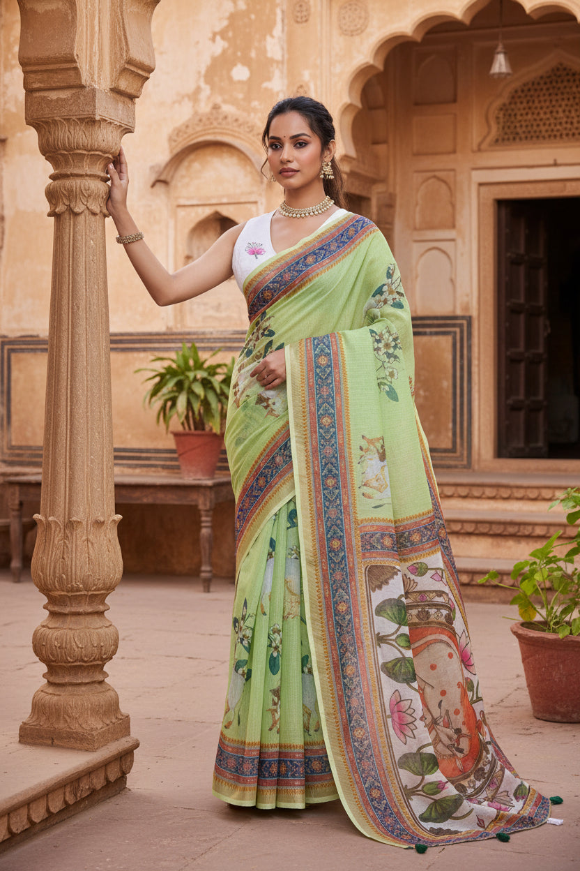 Pid 65784 generic women s linen floral printed saree with unstitched blouse 5 5 mtr light green 1 1000x1000