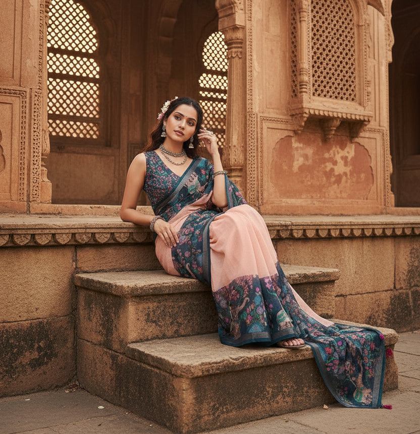 Women's Linen Floral Printed Saree With Unstitched Blouse 5.5Mtr (Peach Pink)