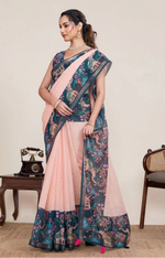 Load image into Gallery viewer, Women's Linen Floral Printed Saree With Unstitched Blouse 5.5Mtr (Peach Pink)
