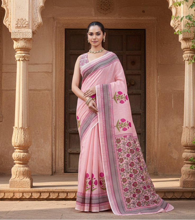 Women's Linen Floral Printed Saree With Unstitched Blouse 5.5Mtr (Pink)