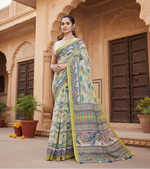 Load image into Gallery viewer, Women's Linen Floral Printed Saree With Unstitched Blouse 5.5Mtr (Pista Green)
