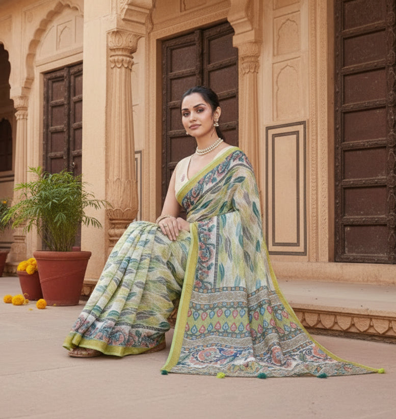 Women's Linen Floral Printed Saree With Unstitched Blouse 5.5Mtr (Pista Green)