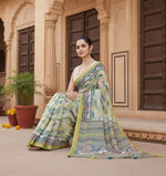 Load image into Gallery viewer, Women's Linen Floral Printed Saree With Unstitched Blouse 5.5Mtr (Pista Green)
