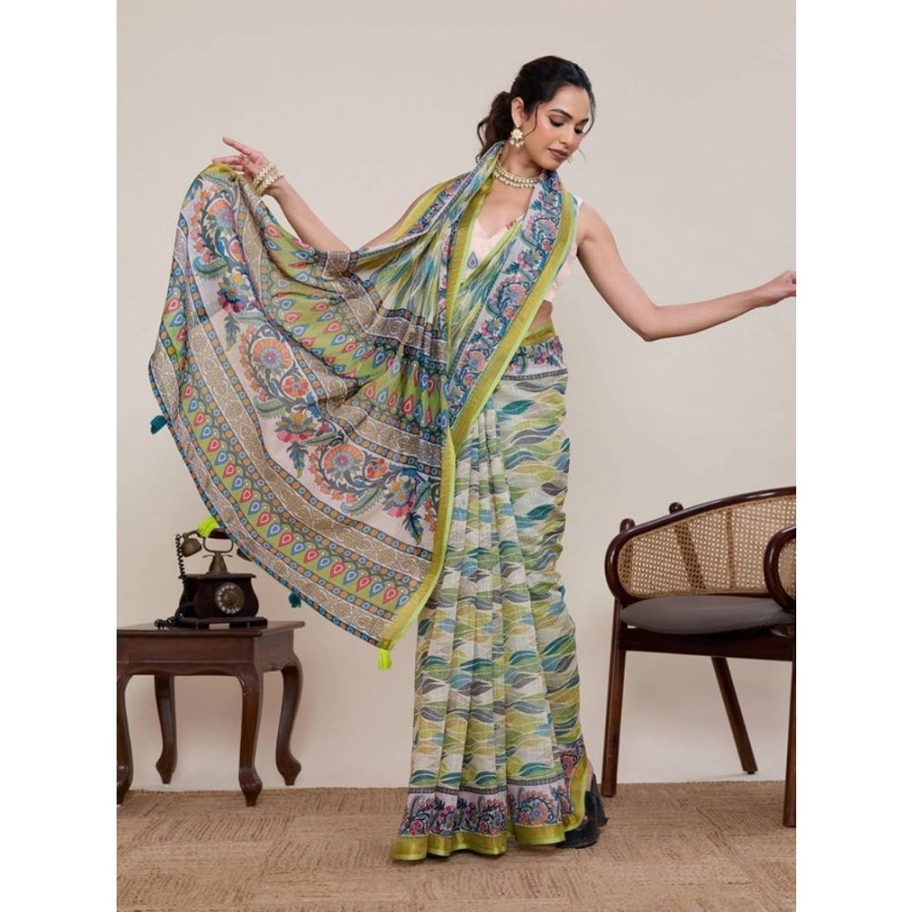 Women's Linen Floral Printed Saree With Unstitched Blouse 5.5Mtr (Pista Green)