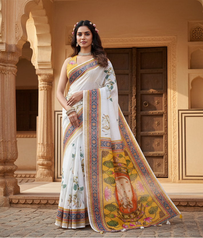 Pid 65788 generic women s linen floral printed saree with unstitched blouse 5 5 mtr white 1 1000x1000