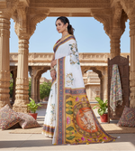 Load image into Gallery viewer, Women's Linen Floral Printed Saree With Unstitched Blouse 5.5Mtr (White)
