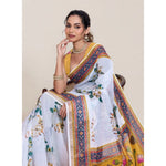 Load image into Gallery viewer, Women's Linen Floral Printed Saree With Unstitched Blouse 5.5Mtr (White)
