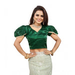 Load image into Gallery viewer, Women's Jimmy Solid V Neck Puff Sleeve Readymade Blouse (Green 38 , Alterable up to 42)-PID65839
