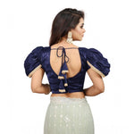 Load image into Gallery viewer, Women's Jimmy Solid V Neck Puff Sleeve Readymade Blouse (Navy 38 , Alterable up to 42)-PID65841
