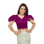 Load image into Gallery viewer, Women's Jimmy Solid V Neck Puff Sleeve Readymade Blouse (Purple 38 , Alterable up to 42)-PID65843
