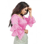 Load image into Gallery viewer, Women's Organza Solid V Neck Layered Ruffle Sleeve Readymade Blouse (Light_Pink Free Size , up to 38–40 Bust)-PID65846
