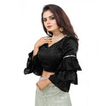 Load image into Gallery viewer, Women's Organza Solid V Neck Layered Ruffle Sleeve Readymade Blouse (Black Free Size , up to 38–40 Bust)-PID65848
