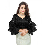 Load image into Gallery viewer, Women's Organza Solid V Neck Layered Ruffle Sleeve Readymade Blouse (Black Free Size , up to 38–40 Bust)-PID65848
