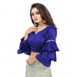 Load image into Gallery viewer, Women's Organza Solid V Neck Layered Ruffle Sleeve Readymade Blouse (Blue Free Size , up to 38–40 Bust)-PID65849
