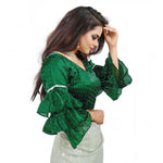 Load image into Gallery viewer, Women's Organza Solid V Neck Layered Ruffle Sleeve Readymade Blouse (Green Free Size , up to 38–40 Bust)-PID65850
