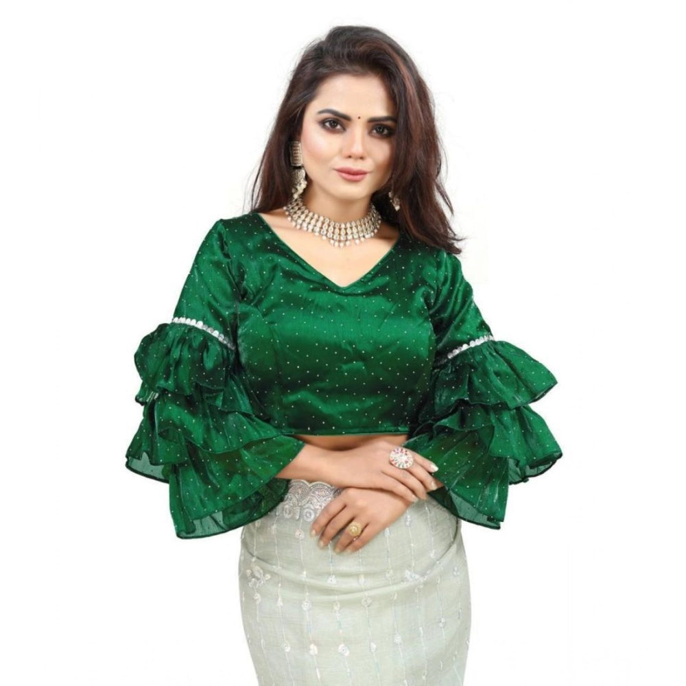 Women's organza solid v neck layered ruffle sleeve readymade blouse (green free size , up to 38–40 bust) pid65850