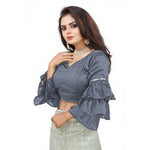 Load image into Gallery viewer, Women's Organza Solid V Neck Layered Ruffle Sleeve Readymade Blouse (Grey Free Size , up to 38–40 Bust)-PID65851
