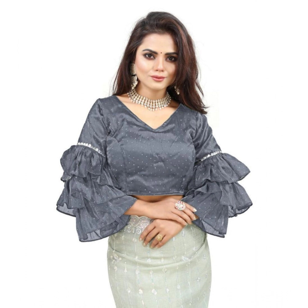 Women's organza solid v neck layered ruffle sleeve readymade blouse (grey free size , up to 38–40 bust) pid65851